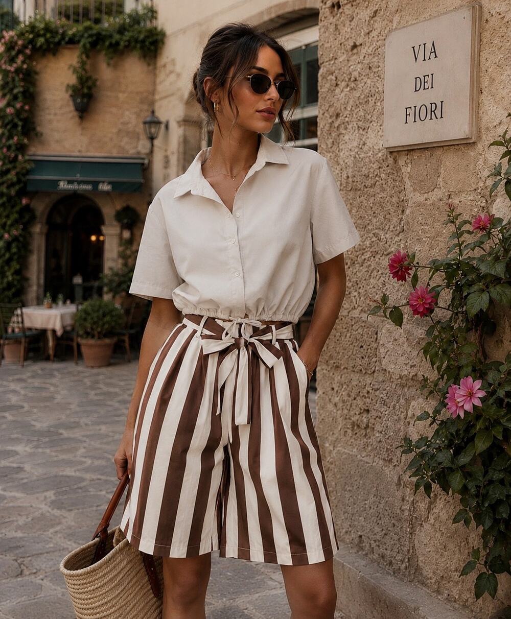 Made in Italy 100 % Cotton Stripe Short Set (Bermuda Style)